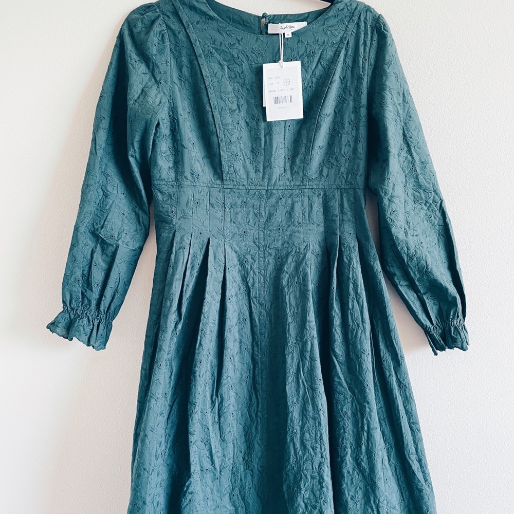 Simple Retro Vintage Green Eyelet Midi Dress